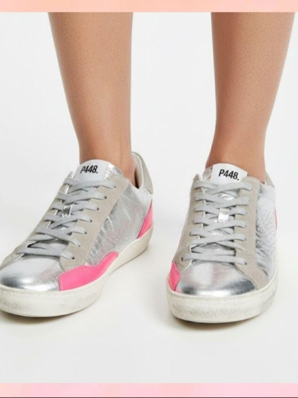 P448 Silver & Pink Low-Top Leather Sneakers for Women